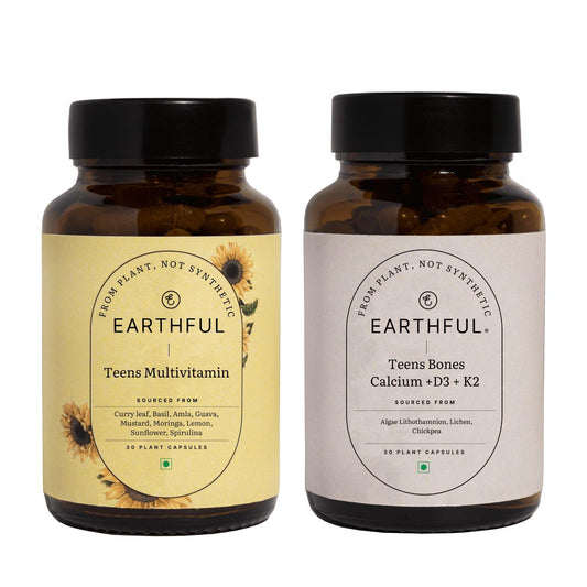 Zephivo Earthful Multivitamin for Teen | 100% Plant Not Synthetic | With Vit C, D & Calcium for Complete Nutrition for Growth, Immunity & Strong bones | 30 Iron & 30 Calcium Tablets - 30 Day Pack