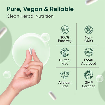 Hand holding a supplement capsule with certification icons on a green background