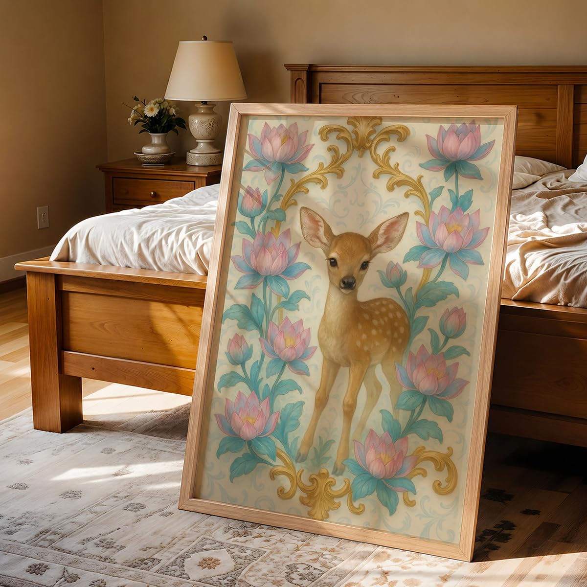 Deer & Lotus Wall Painting with Frame Set of 1 | Premium Floral Nature Artwork, Cute Fawn Animal Wall Decor for Living Room, Bedroom, Kids Room, Office and Home Decoration (3D Art-6,13x19inch)