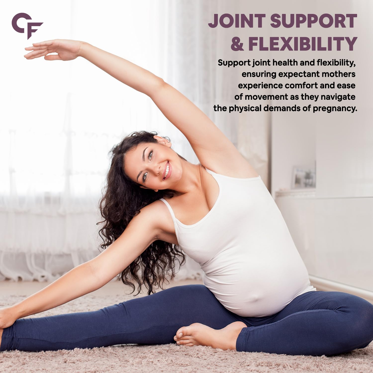 Pregnant woman stretching on a carpeted floor with text about joint support and flexibility.