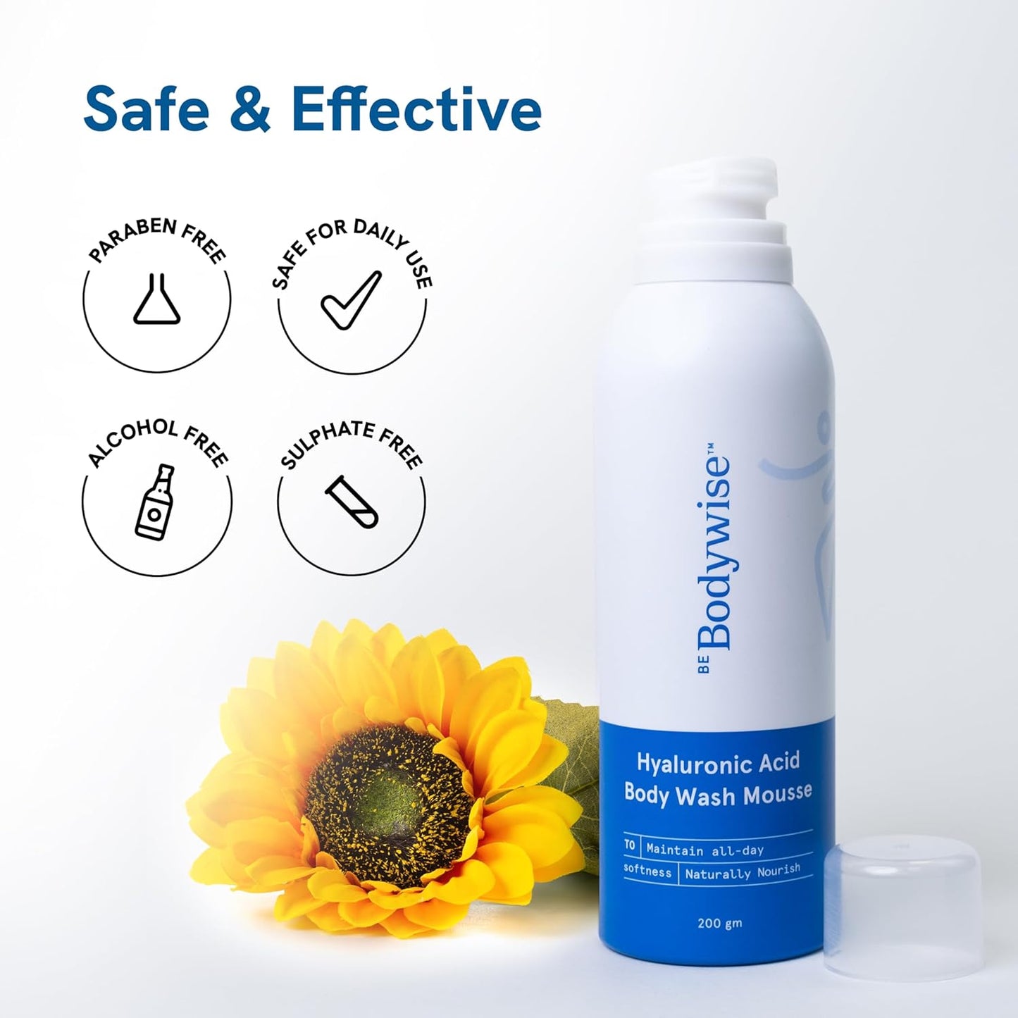Be Bodywise Hyaluronic Acid Body Wash Mousse | Gives Intense Moisturisation, Repairs Skin Barrier | With Sunflower Oil, Vitamin E & Aloe Extract | 200g
