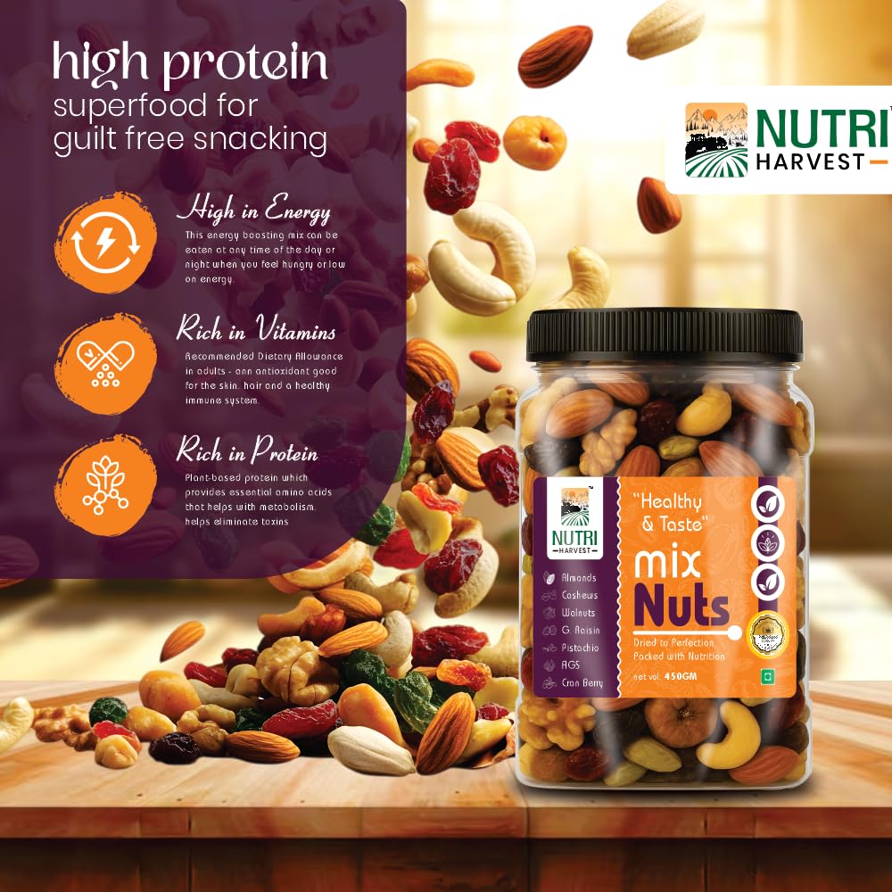 NUTRI HARVEST Premium Mixed Nuts and Dried Fruits 450g,| Almonds, Cashews, Walnuts, Pistachios, Figs, Raisins, Cran berry| Fit for fasting| Resealable jar for freshness
