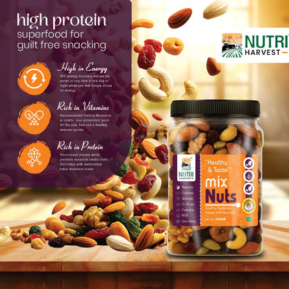 NUTRI HARVEST Premium Mixed Nuts and Dried Fruits 450g,| Almonds, Cashews, Walnuts, Pistachios, Figs, Raisins, Cran berry| Fit for fasting| Resealable jar for freshness