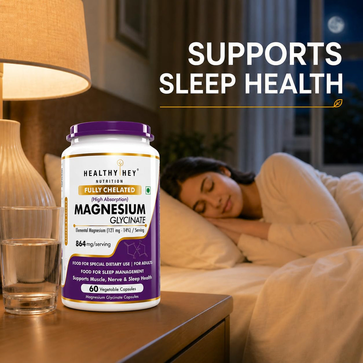 HealthyHey Nutrition Magnesium Glycinate 14% Fully Chelated Supplement High Absorption for Sleep, Cramps, & Nerves Health - 60 Vegetable Capsules