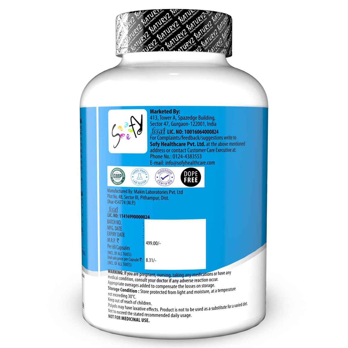 Supplement bottle with blue label and white body on a white background