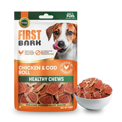 First Bark Dog Treats for Adult Dog & Puppy – Healthy Chews Chicken & Cod Fish Jerky for Dogs, Small Dogs & Shih Tzu | Dog Snacks & Puppy Treats – Chicken & Cod Roll (70g) x1