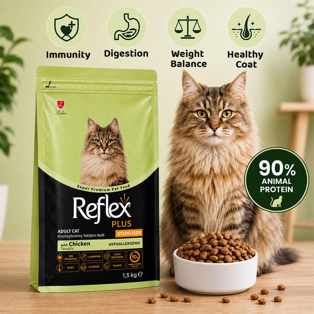 Reflex Plus Sterilized Adult Dry Cat Food with Chicken, Complete & Balanced Nutrition for Sterilized Cats, Supports Weight Management, Digestion, Healthy Skin & Coat (400g)