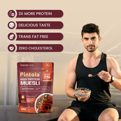 Pintola High Protein Muesli Dark Chocolate & Cranberry 400g, 24g Protein, High Fibre, Trans Fat Free with Brown Sugar, Real Fruits, Muesli for Breakfast Food, Muselies Fruit Nuts and Seeds (400g)