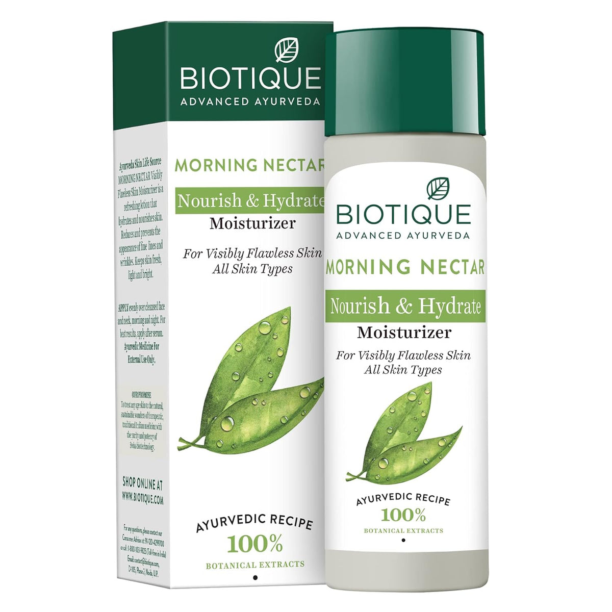 Biotique Morning Nectar moisturizer with packaging on a white background