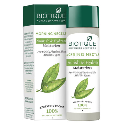 Biotique Morning Nectar moisturizer with packaging on a white background