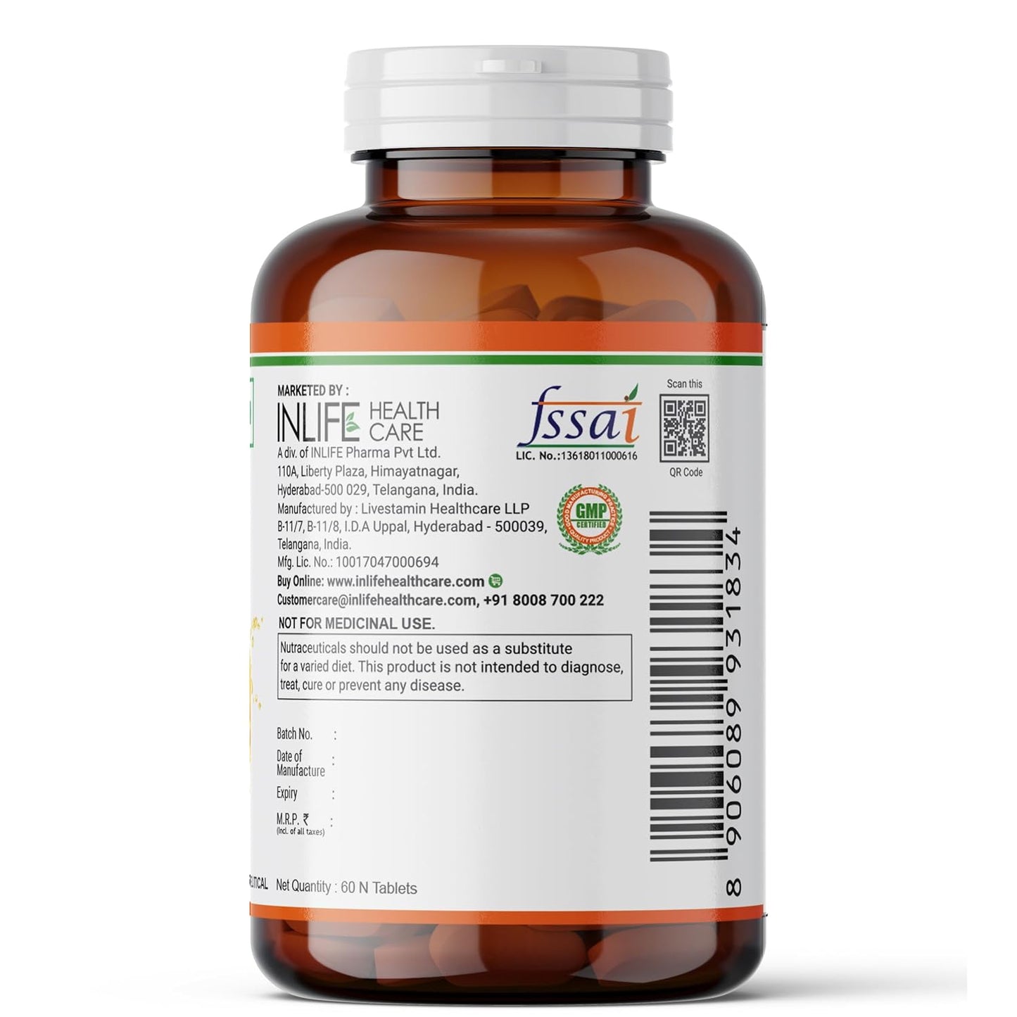 INLIFE Natural Vitamin C Amla Extract With Zinc For Immunity & Skin Care - 60 Veg Tablets (Pack of 1, 60)