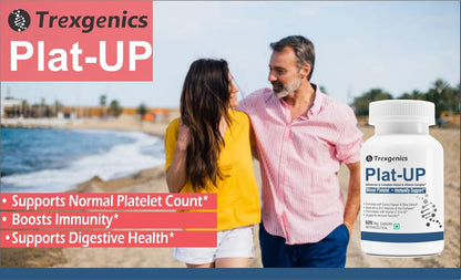 Couple walking on a beach with Trexgenics Plat-UP supplement bottle displayed.