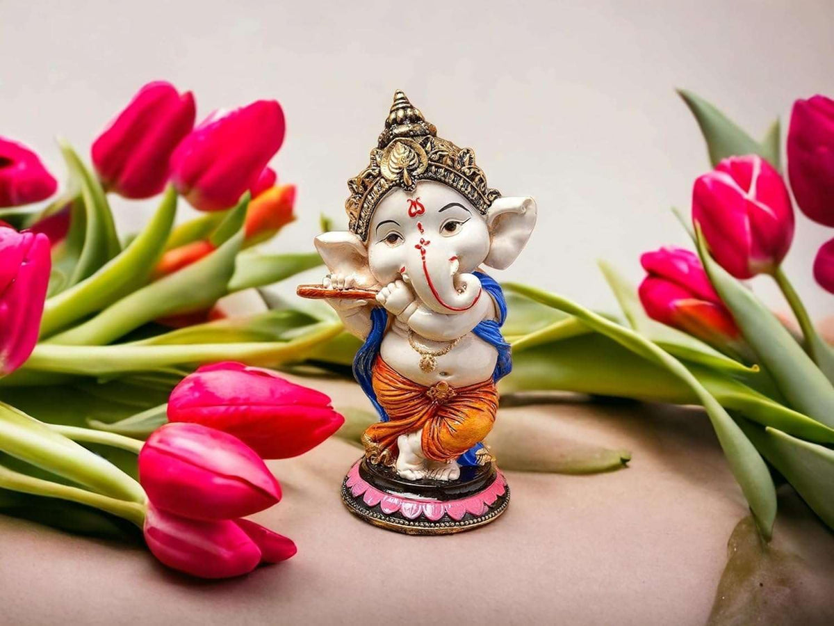 Handcrafted Resin Flute Ganesha Idol Showpiece for Home Decor Office Dashboard Temple Spiritual Gift Figurine 15 cm