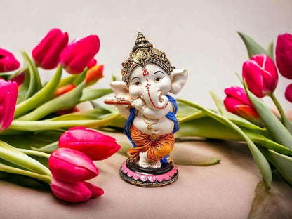 Handcrafted Resin Flute Ganesha Idol Showpiece for Home Decor Office Dashboard Temple Spiritual Gift Figurine 15 cm