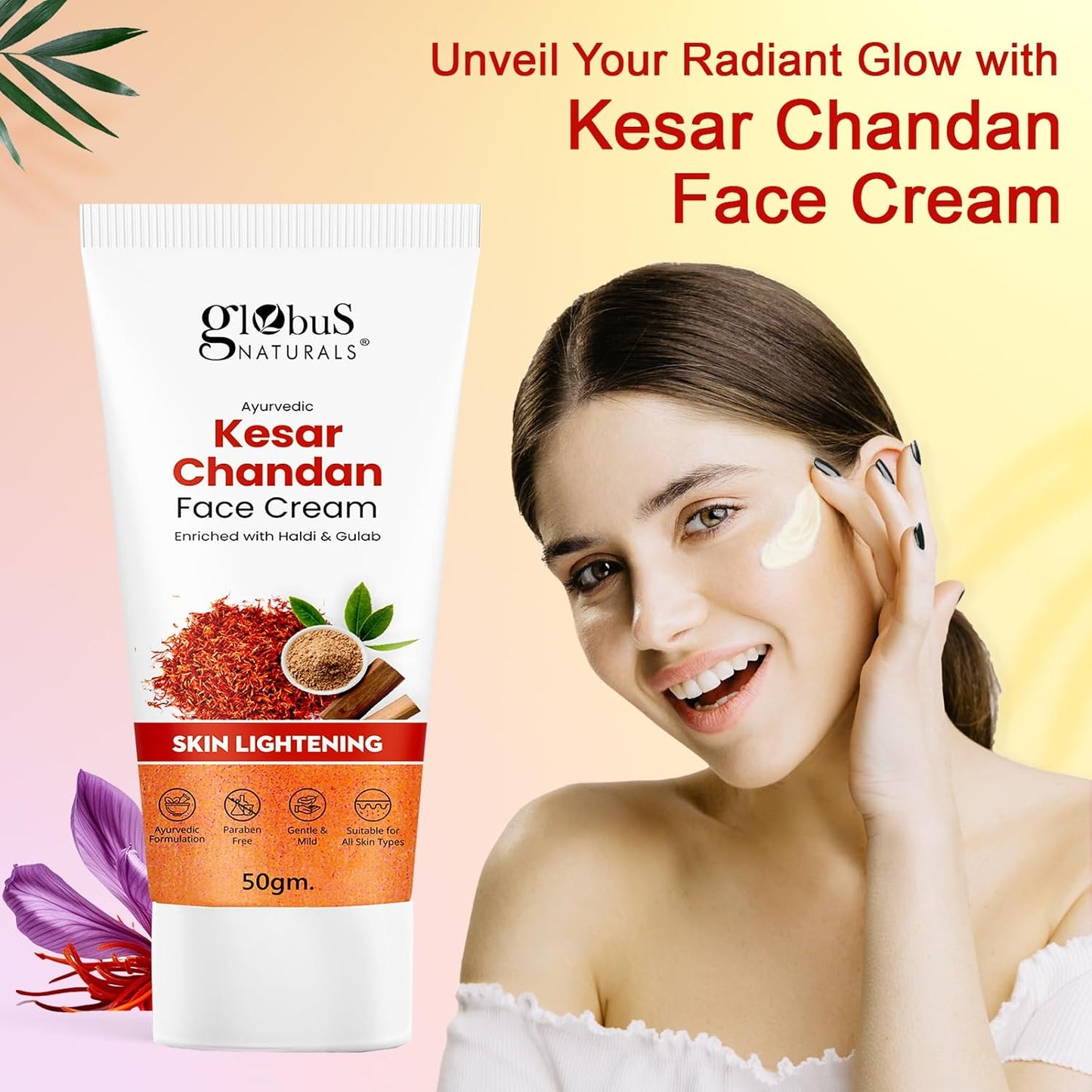 Globus Naturals Daily Glow Kesar Chandan Face Cream with SPF, Skin Lightening Formula For All Skin Types, 50 gm (Pack of 1)