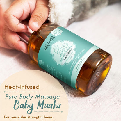Nat Habit Winter Maahu Baby Massage Oil - Balamool Sunthi For Bone Development, Muscular Strength & Healthy Skin - Suitable For Ages 0 to 12 years - Zero Chemicals & Preservatives - 100ml