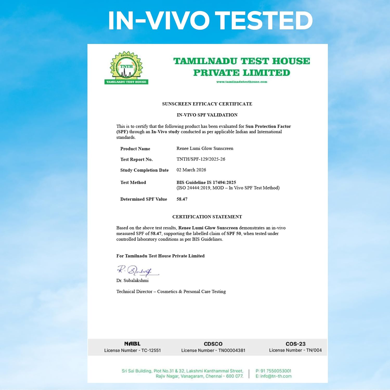 SUNSCREEN EFFICACY CERTIFICATE from Tamilnadu Test House Private Limited with 'IN-VIVO TESTED' text on a blue background.