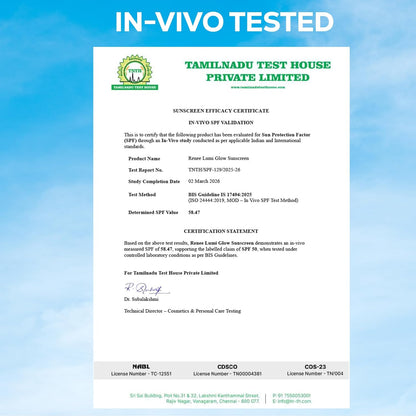 SUNSCREEN EFFICACY CERTIFICATE from Tamilnadu Test House Private Limited with 'IN-VIVO TESTED' text on a blue background.