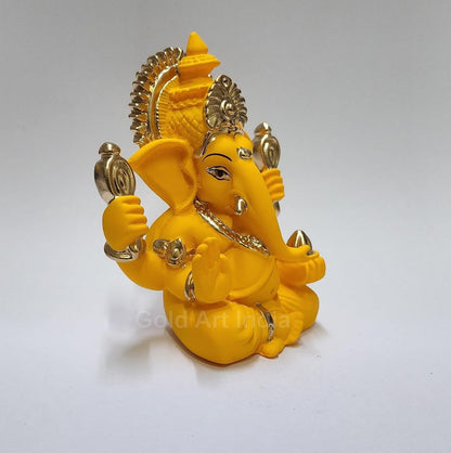 Gold Art India Handcrafted Mango Terracotta Ganesha with Golden Jewelry for Car Dashboard, Home/Office Decor, Gifting/Housewarming Gifts (4HANDGANESHAYELLOWTERRACOTTA 3.3")