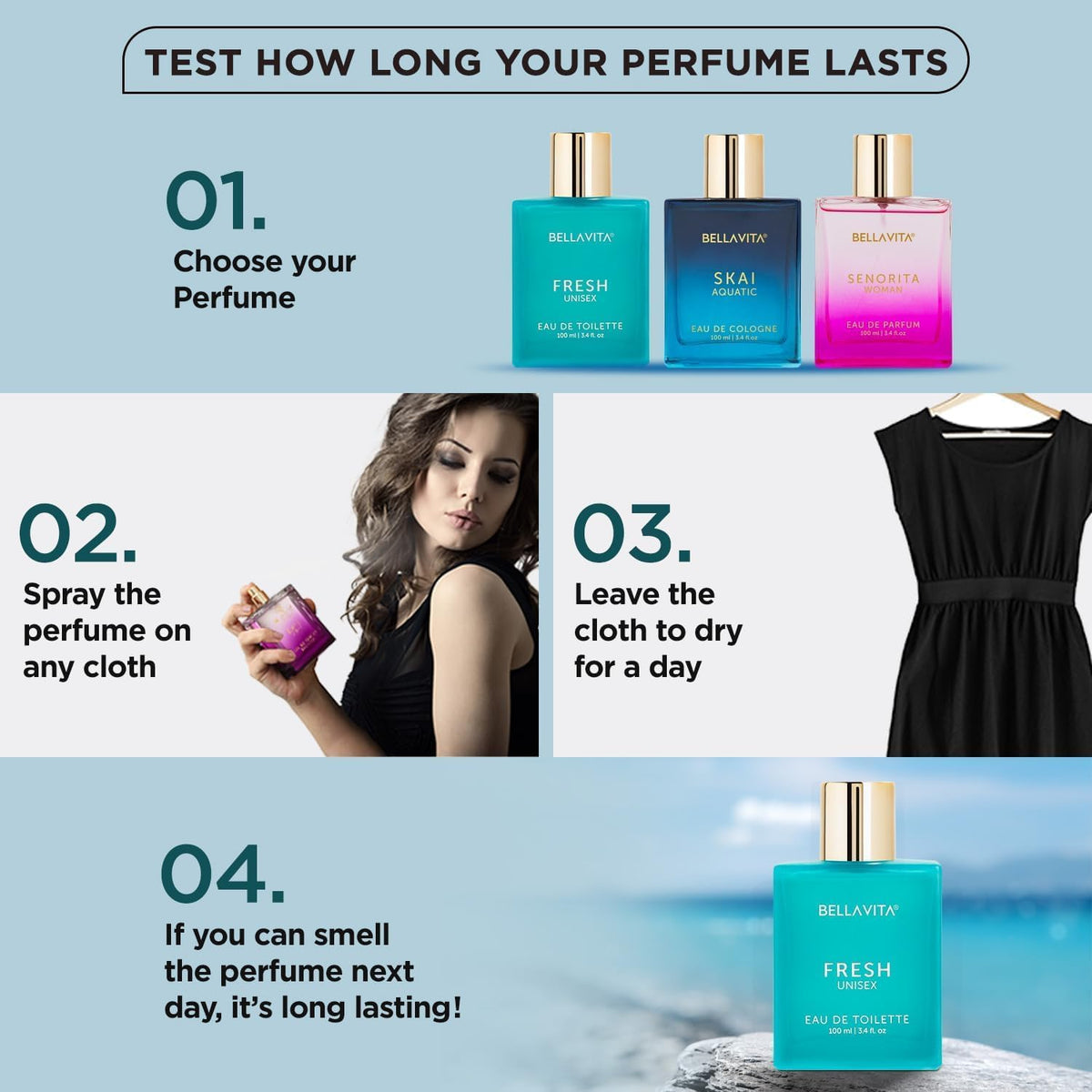 Perfume test guide with Bellavite perfume bottles and a woman holding a cloth.
