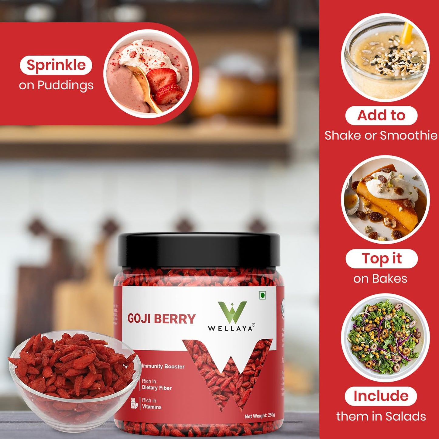WELLAYA Premium Dried GojiBerry | Whole Chewy GojiBerry Dry Fruit | High in Vitamins, Fiber & Rich in Antioxidants | Immunity Booster Goji Berry Toppings for Fruit & Salads
