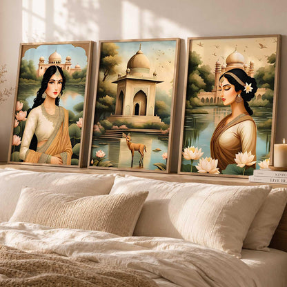 Indian Traditional Madhubani Wall Art Poster With Frame Art Home Decor Wall Painting For Living Room Office Bedroom | engineered wood Set of 3 (13X17 inch)