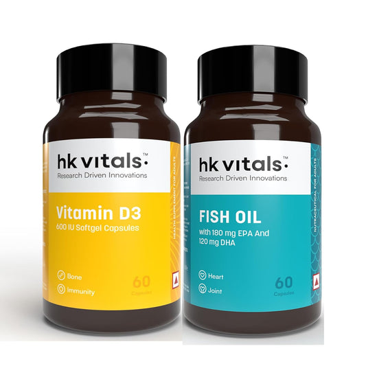 HealthKart hk vitals Vitamin D3 (600 IU) & Fish Oil (1000mg Omega 3 with 180mg EPA & 120mg DHA) (60 Tablets Each) | Combo Pack