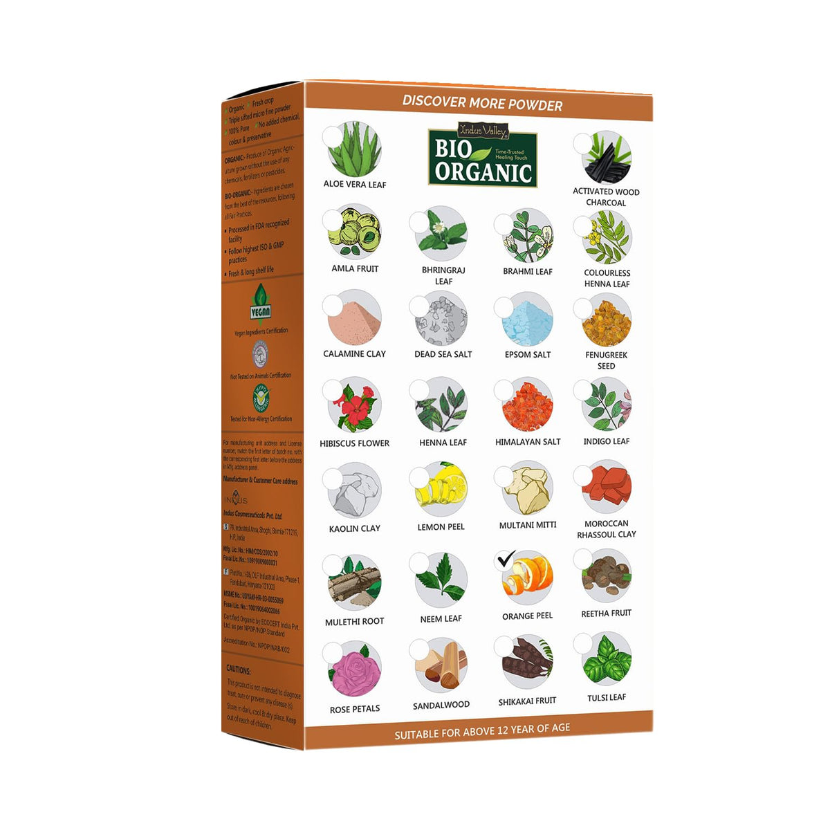 Bio Organic powder packaging with various herbs and their names on a white background