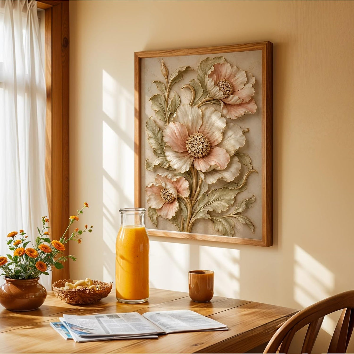 Floral Botanical Wall Painting with Frame | Premium Textured Flower & Leaf Artwork, Pastel Nature Wall Decor Framed for Living Room Bedroom Office and Home Decoration (Art-7,13x19inch)