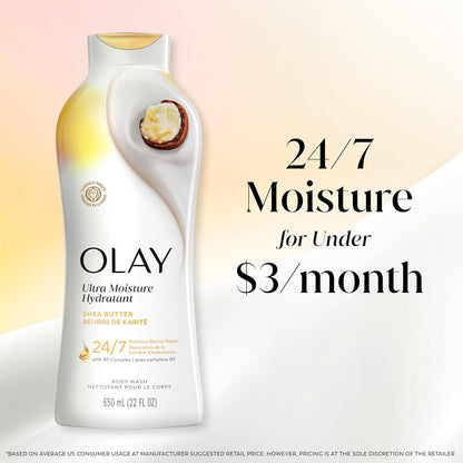 Olay Ultra Moisture Hydratant body wash bottle with promotional text on a gradient background