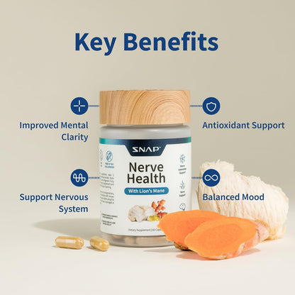 SNAP Nerve Health supplement bottle with key benefits listed on a light gray background