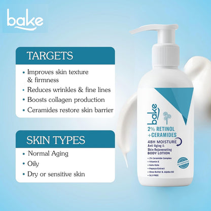 BAKE 2% Retinol + Ceramide Body Lotion for Dry, Aging Skin | Reduce Fine Lines & Wrinkles, Skin Tightening & Boosts Collagen Production | For Women & Men | 200ml