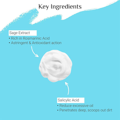 Key ingredients of a skincare product with sage extract and salicylic acid on a blue background.