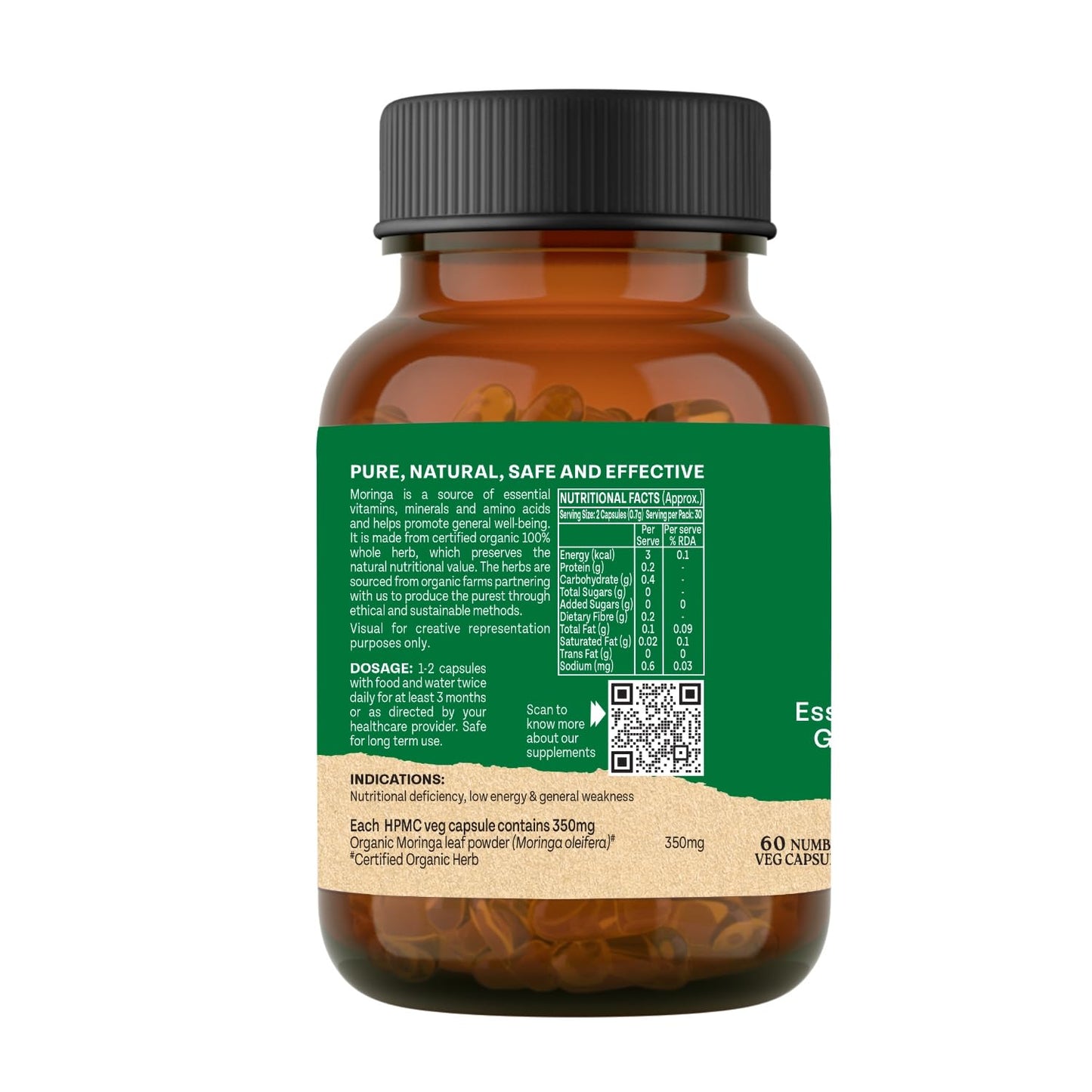 Brown supplement bottle with green label on a white background