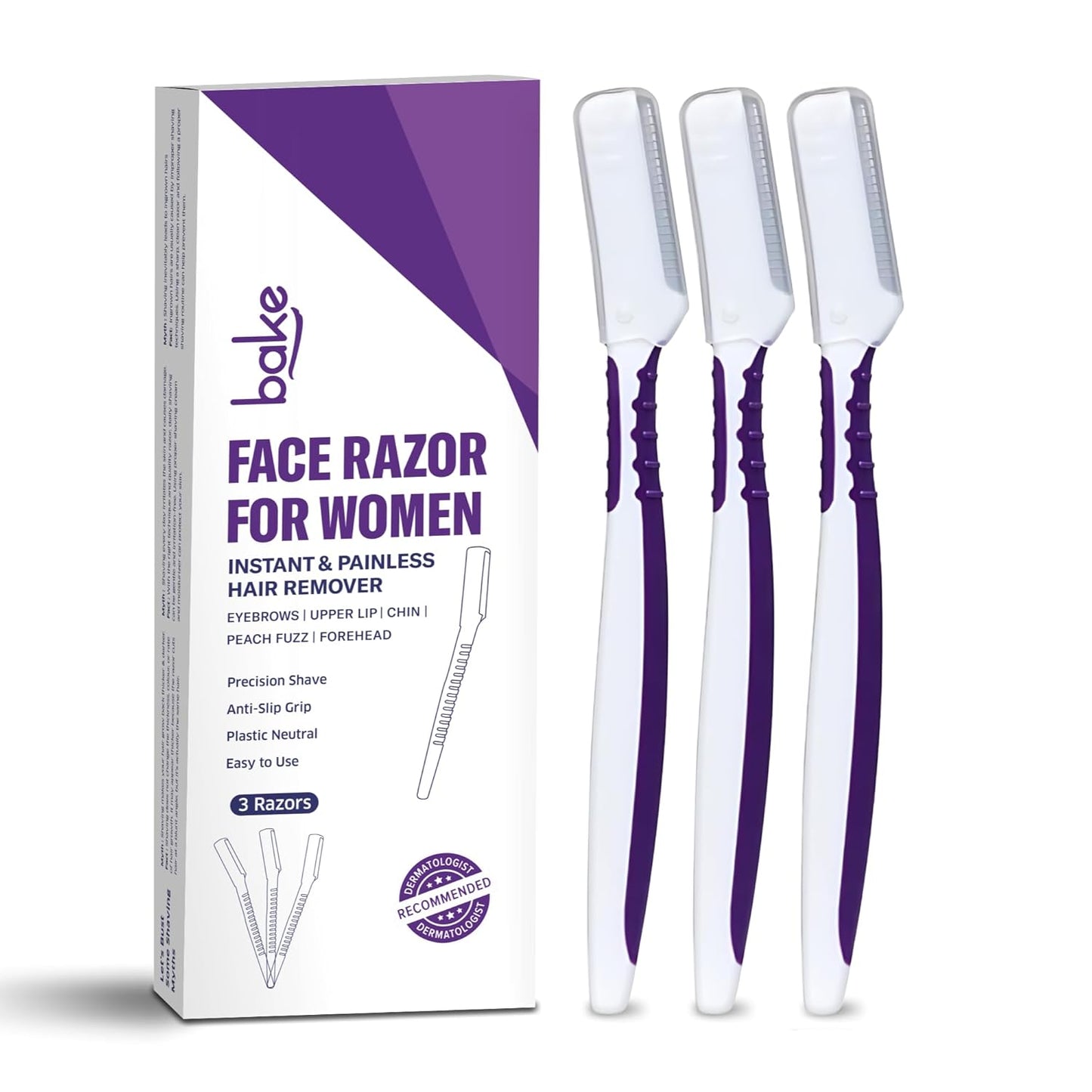 BAKE Reusable Face Razor for Women Facial Hair (3 Razors) | Instant Glow & Painless Hair Remover | For Eyebrows, Upper Lip, Chin, Peach Fuzz, Forehead, Unibrow, Sideburns | Precision Shave, Anti Slip Grip, Plastic Neutral