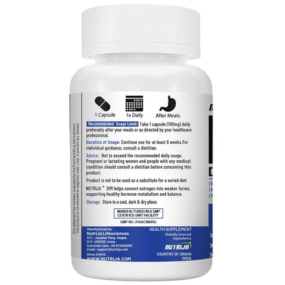 NutriJa Pure DIM 100mg with BioPerine - 60 Veg Capsules | High Potency Estrogen Metabolism Support & Natural Hormone Balance | No Fillers | No Excipients | No Additives