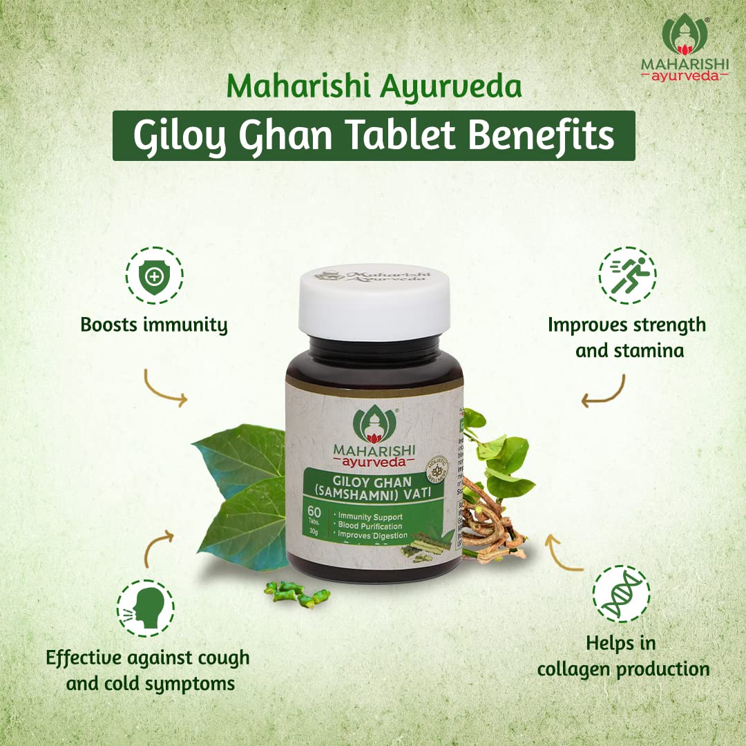 Zephibo Maharishi Ayurveda Giloy Ghan Vati - 100% Natural Immunity Boosting Tablets | Enhances Strength & Stamina | Fights Fatigue | Detoxifies The Body, 60 Tablets
