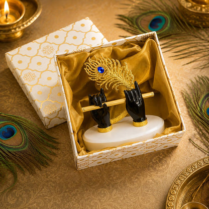 Goldplated Krishna Black Hand with Flute Idol Peacock Feather Mor Pankh Showpiece,Housewarming Gift, Birthday Anniversary Wedding Janmashtami Gift, Home Decor Decoration Items for Living