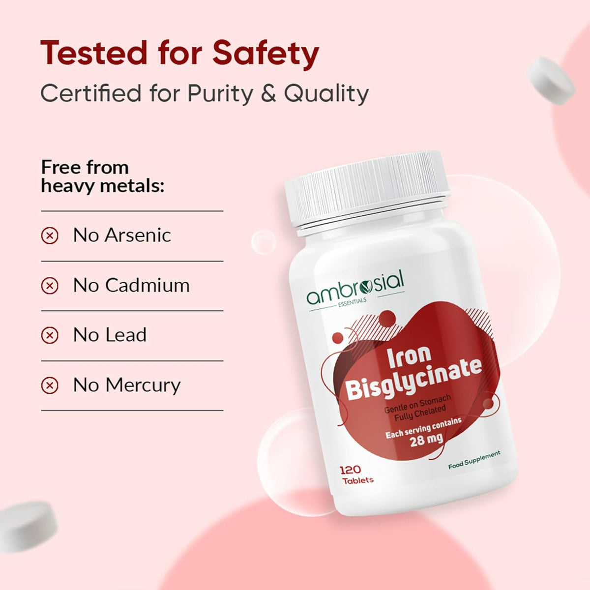 Ambrosial Iron Bisglycinate supplement bottle with safety certification details on a pink background