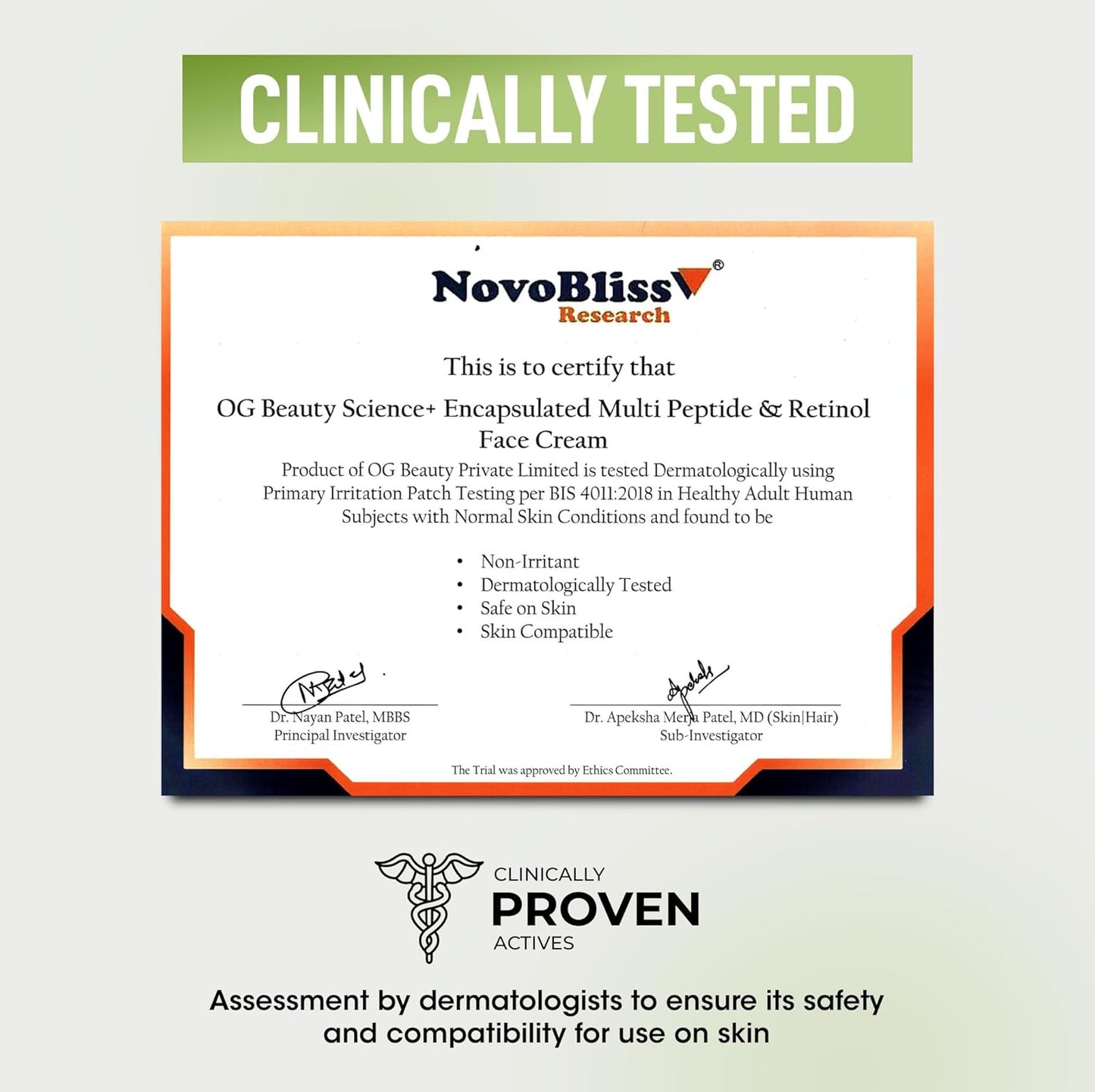 Certificate of clinical testing for OG Beauty Science face cream by NovoBliss Research on a light gray background.