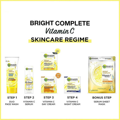 Garnier Bright Complete Vitamin C skincare product lineup with step-by-step guide on a white background.