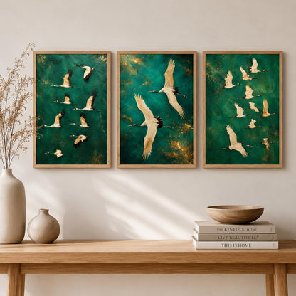 Set of 3 Flying Crane Birds Wall Painting for Living Room Bedroom Hall Office Decor, Premium Wooden Synthetic Frame Green Artwork Gift (13.5 x 19.5 Inch)