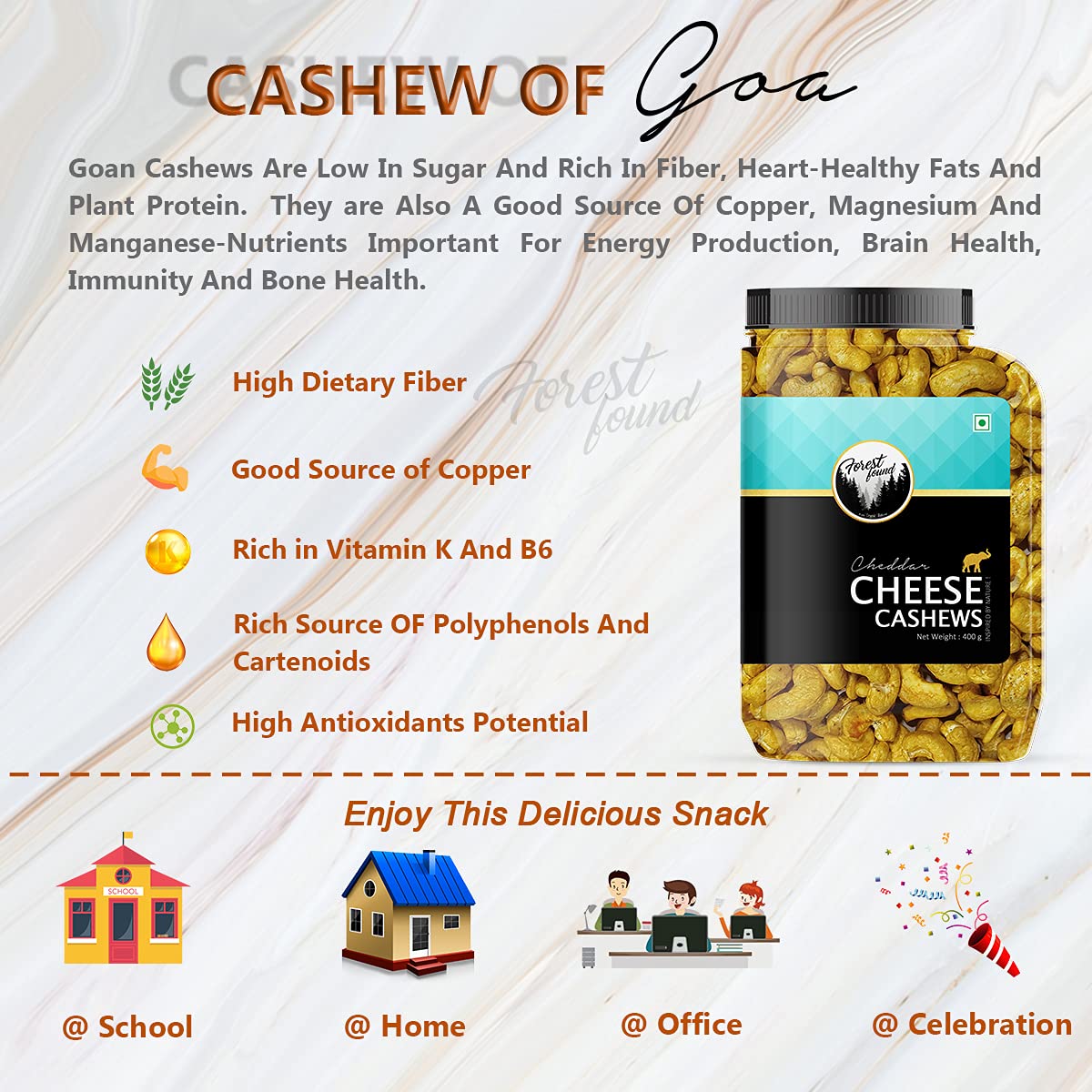 Forest Found Cheese Flavored Roasted Cashews 400g | Creamy Masala Whole Kaju - 100% Oil-Free & Dry | Healthy Non-Fried Crunchy Vegan Snack - Premium Cheese Seasoned ashew Nuts