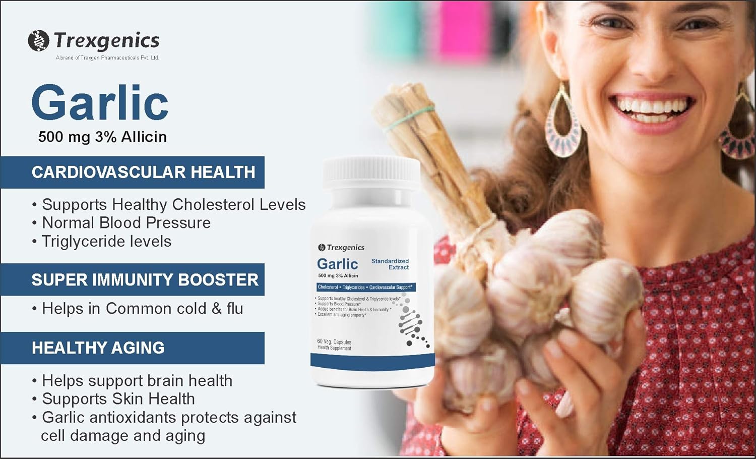 Trexegenics Garlic supplement packaging with a woman holding garlic bulbs.