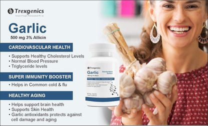 Trexegenics Garlic supplement packaging with a woman holding garlic bulbs.