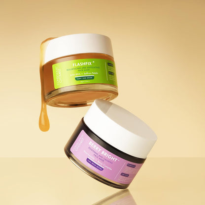 Two skincare jars, one labeled 'Flashfix' and the other 'Berry Bright', on a beige background.