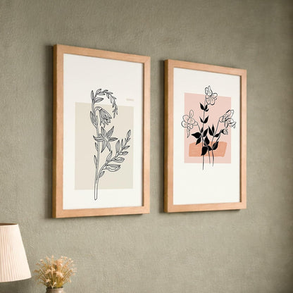 Minimalist Line Art Floral Wall Art Frames Painting Set of 2 | Modern Abstract Botanical Framed Posters Artwork | Neutral Beige Aesthetic Scandinavian Home Decor Frames for Living Room, Bedroom and Office (Ready to Hang) (Natural, Art-19, 10x13inch)