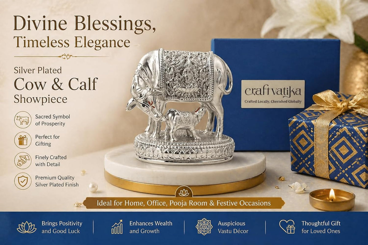 999 Pure Silver-Plated Kamdhenu Cow with Calf Idol Statue 2.5 Inch Vastu Decor, Gift for Ganpati Festival Home Decoration Items, House Warming Gifts, Anniversary Wedding Gifts for Women