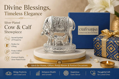 999 Pure Silver-Plated Kamdhenu Cow with Calf Idol Statue 2.5 Inch Vastu Decor, Gift for Ganpati Festival Home Decoration Items, House Warming Gifts, Anniversary Wedding Gifts for Women