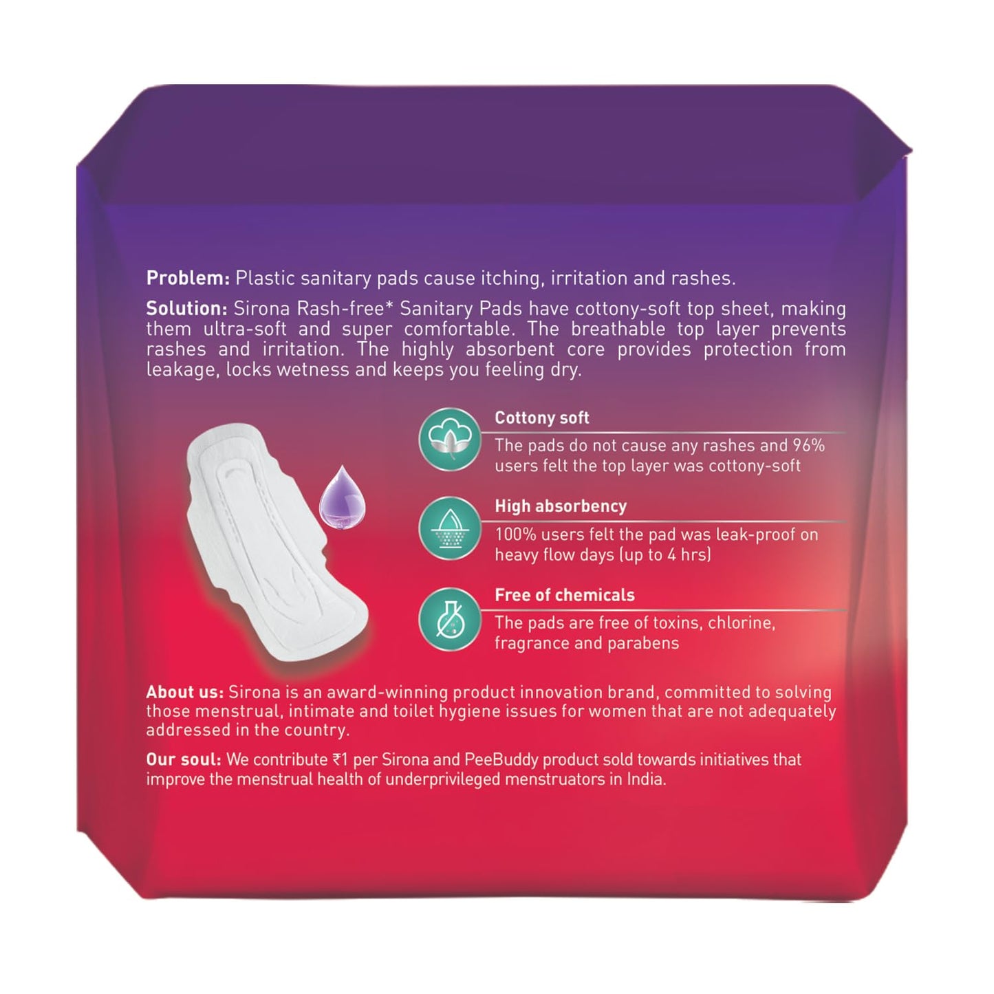 Sirona sanitary pad packaging with product features and benefits on a purple and red background